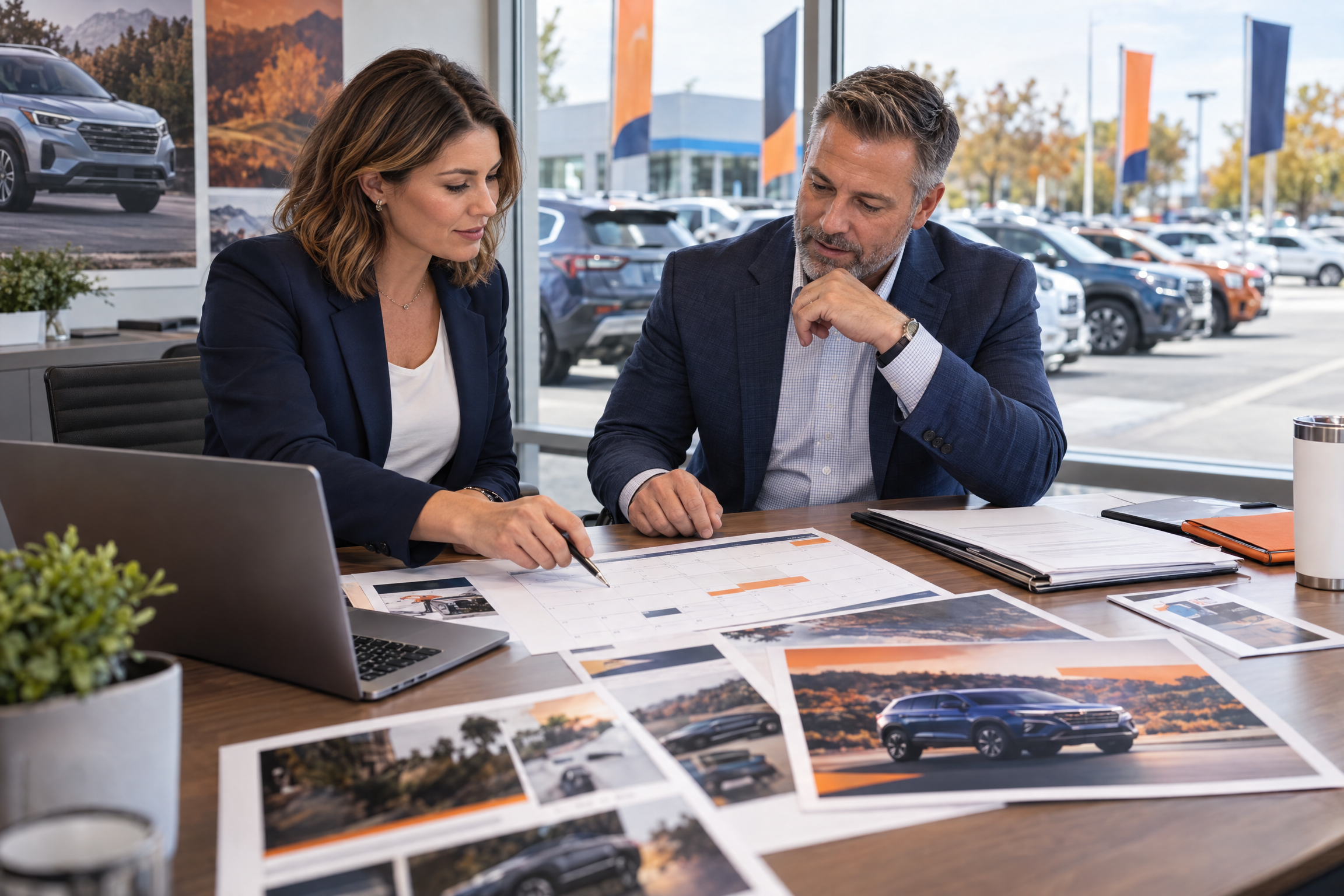 Dealership marketing manager and OEM representative coordinating a cooperative marketing activation