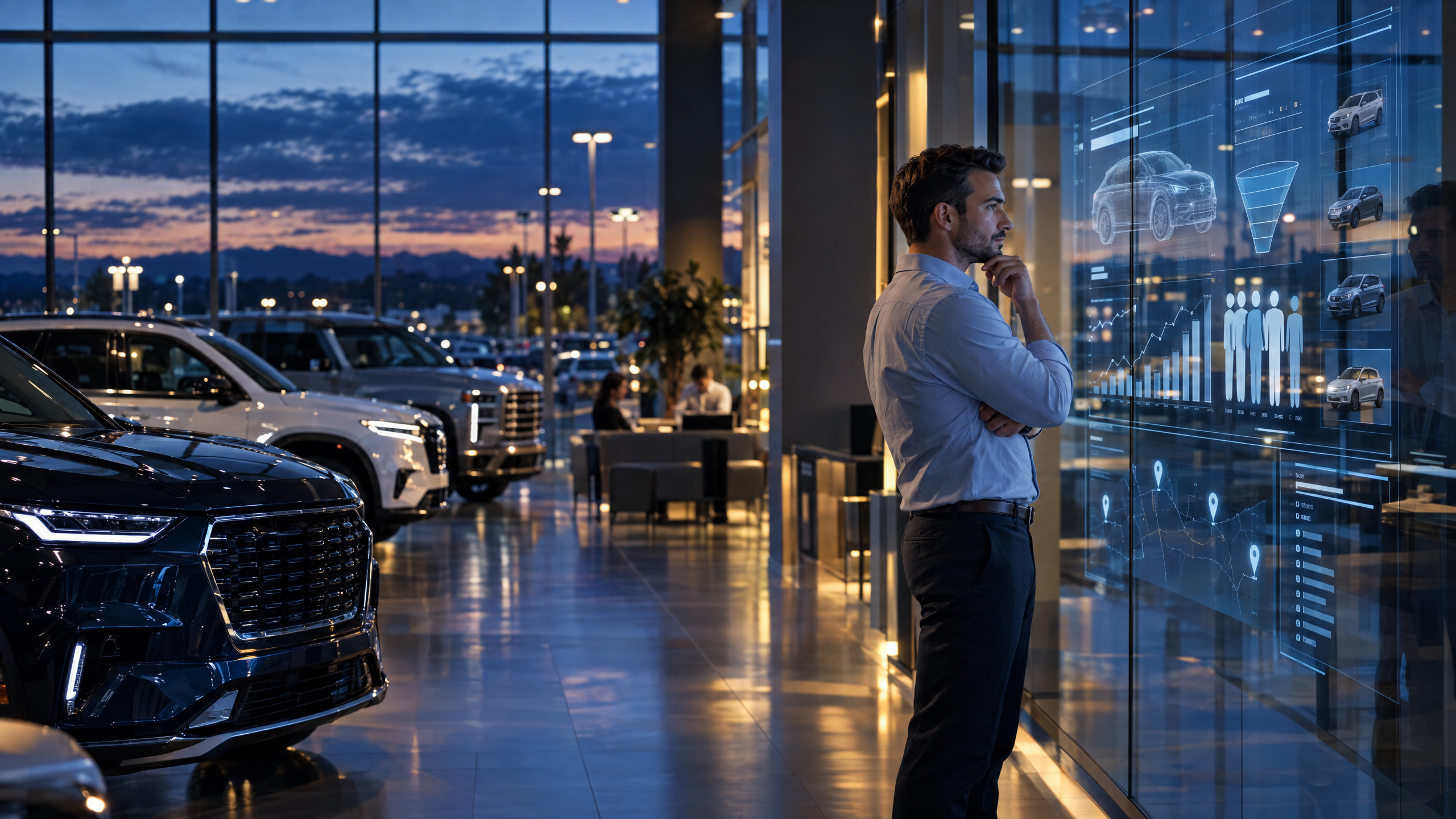 Modern American dealership showroom with an operations leader reviewing data-driven automotive retail signals